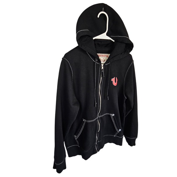 True Religion Hoodie Black Full Zip World Tour Red Logo Mens Medium M - Picture 3 of 14